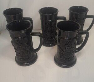 VTG Indiana Glass Tiara Exclusives Black Amethyst Stein Tavern Scene 40-LOT OF 5